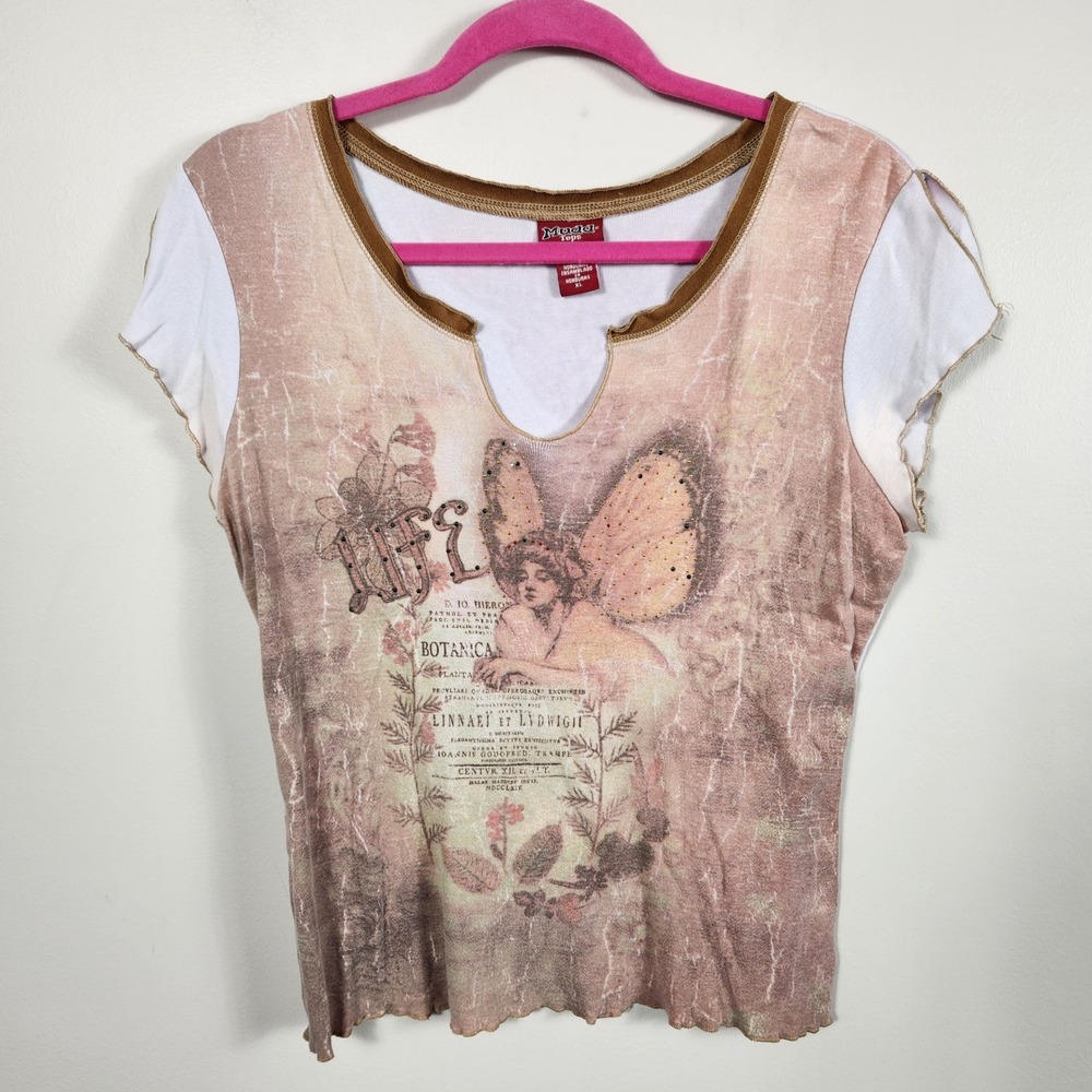 Mudd Tops Vintage Fairycore Graphic Tee Butterfly Rhinestone Y2K Grunge XL